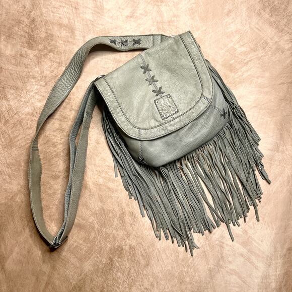 STS Ranch Daydreamer Crossbody Bag Fringe Green Gray Leather Western Rodeo Folk - Picture 1 of 16
